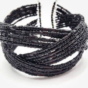 Vintage Handcrafted Memory Wire Cuff Bracelet Black Braided Seed Bead Stretch